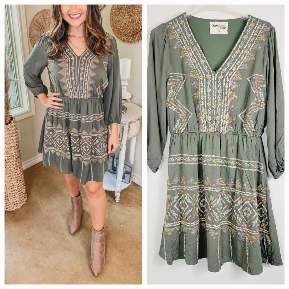 Savanna Jane Cowgirl Lets Make Plans Embroidered V-Neck Dress Olive Green Size M